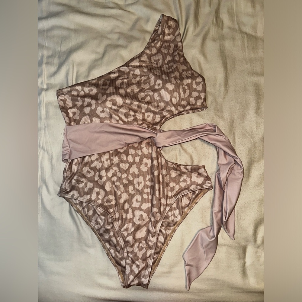 Pink Lily Taupe & Light Pink Ribbon One Shoulder One Piece Bikini